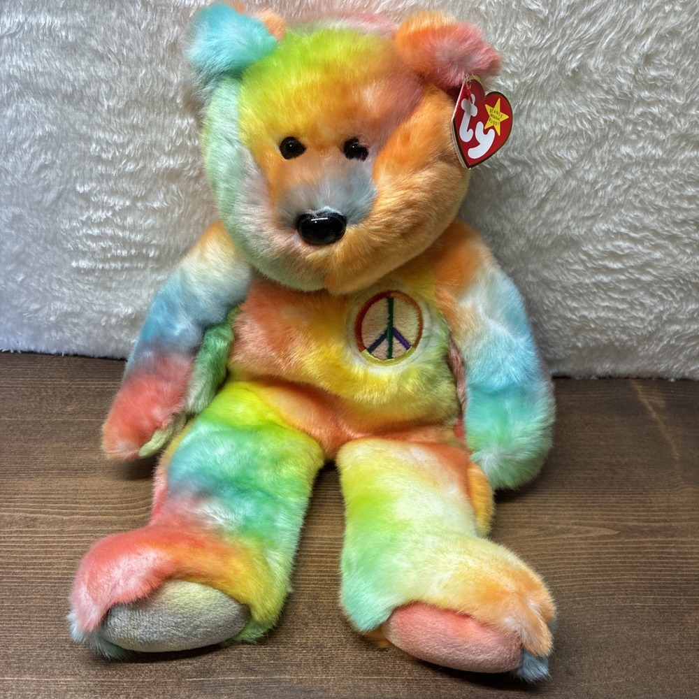 Vintage 1999 TY Beanie Baby Peace Bear 14" LARGE Beanie BUDDY Dark Version EUC